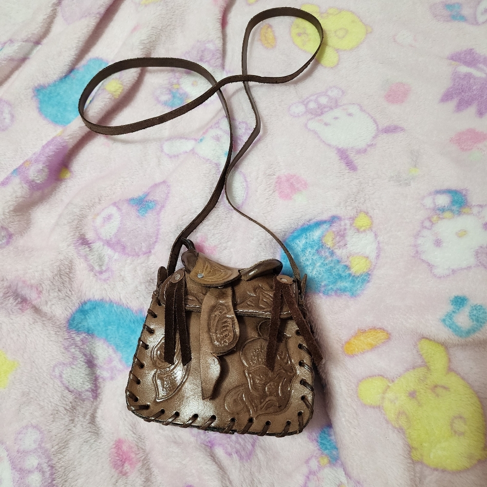 Authentic Leather Mini Saddle Bag In Dark Brown Color With Embossed Designs